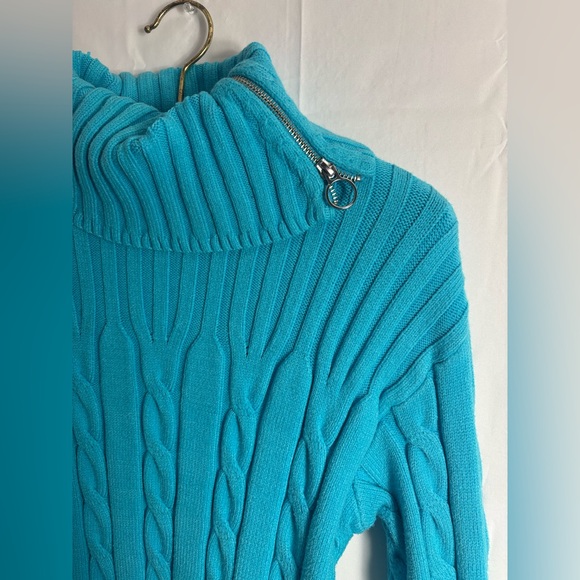 Y2K Wool Blend Cable Knit Turquoise Turtleneck with Silver Zipper Size M - Picture 5 of 16